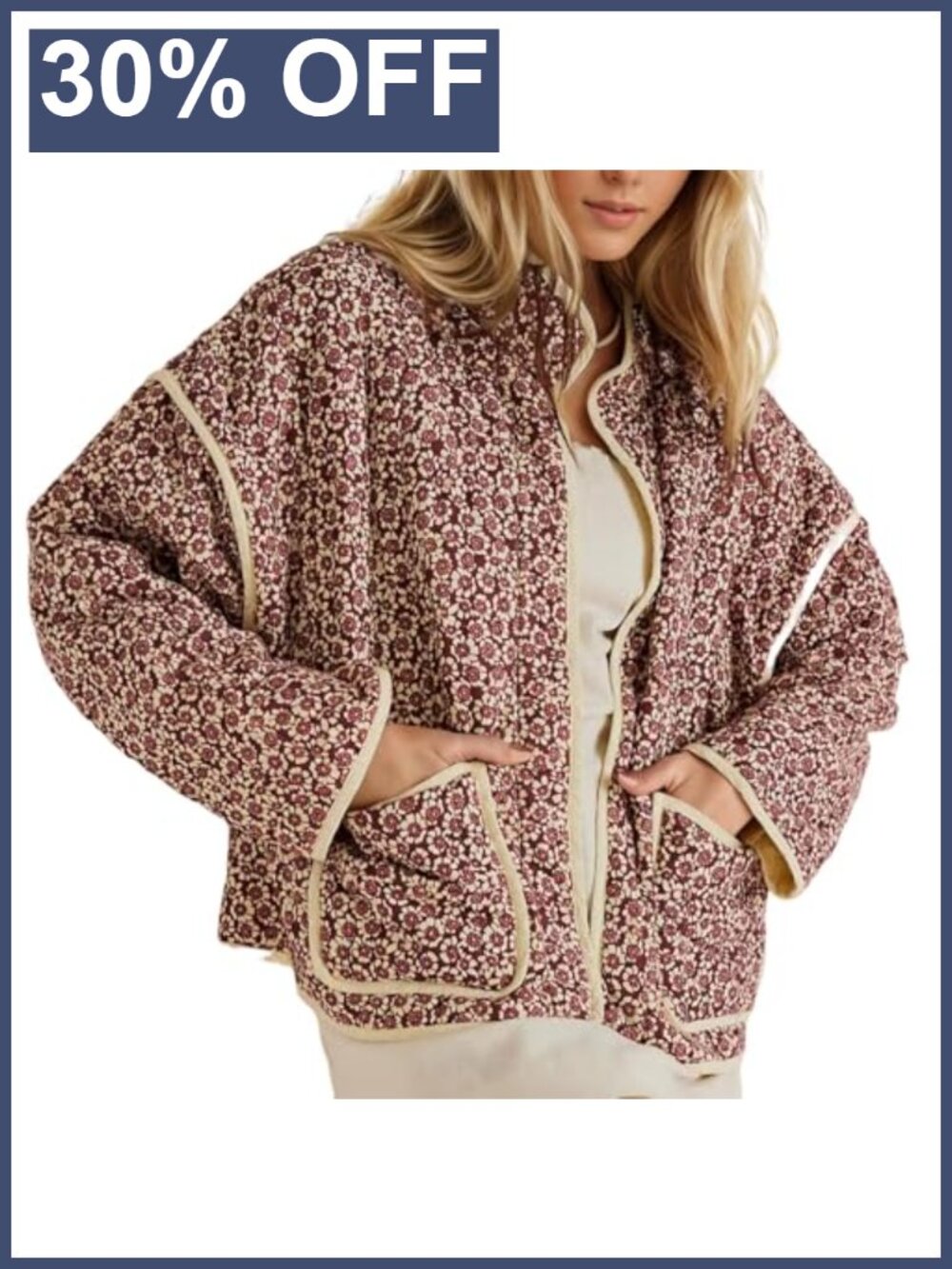 Women's Cropped Puffer Jacket Floral Print Quilted Open Front Lightweight Short
